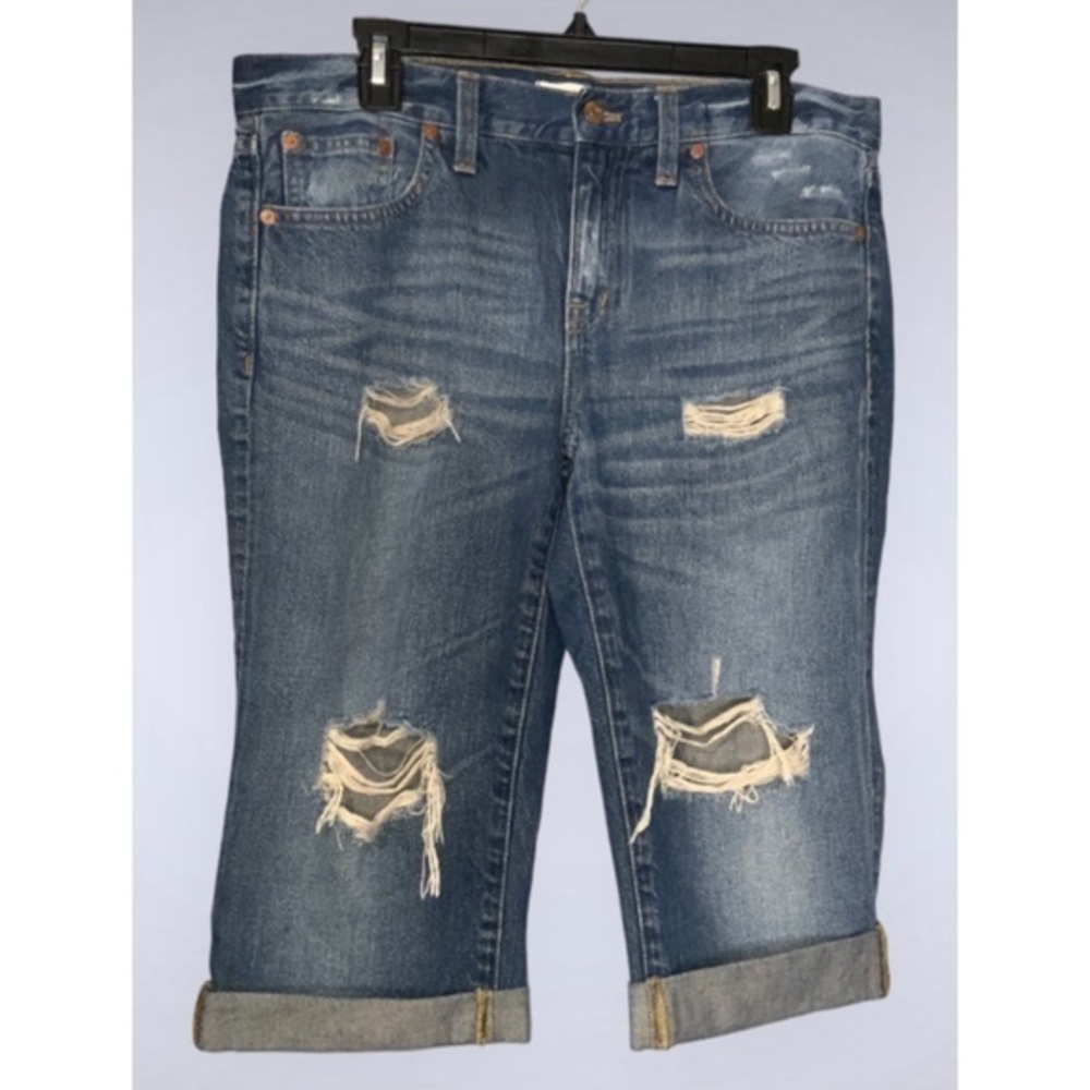 Madewell Blue Ripped Boy Jean Long Bermuda Distressed Loose Fit Cuffed Shorts 28